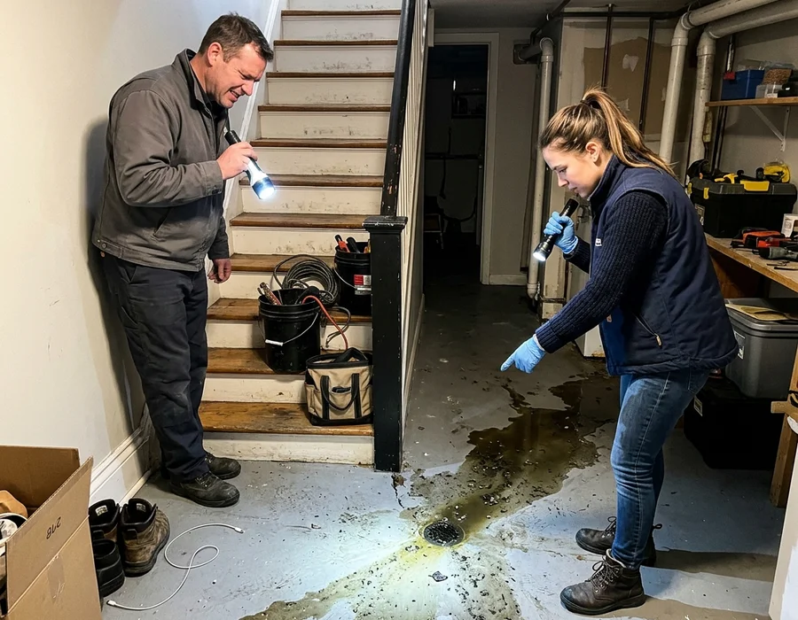Two technicians surveying a sewage backup from a floor drain in a pre-1970 Toronto house