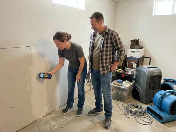 Two technicians taking final moisture readings on dried drywall before removing equipment