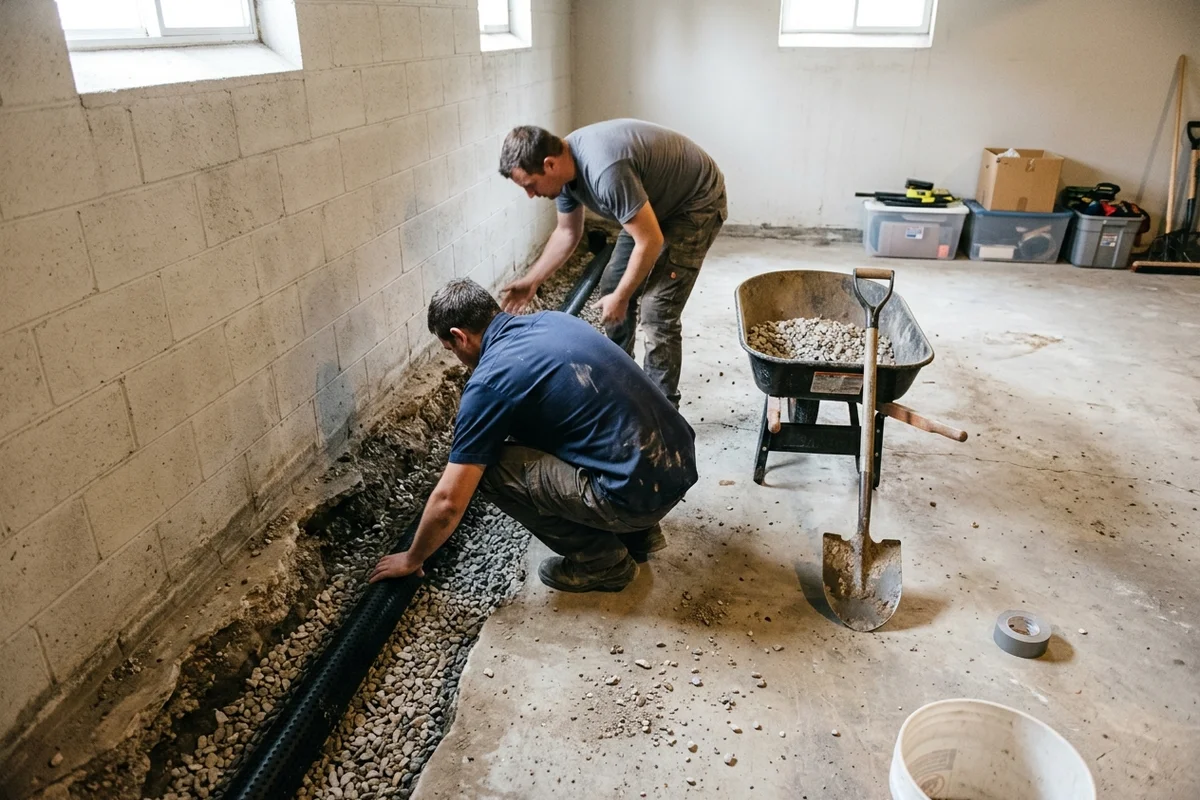 Two technicians laying perforated weeping tile in clear stone along the cut perimeter of a Toronto basement floor